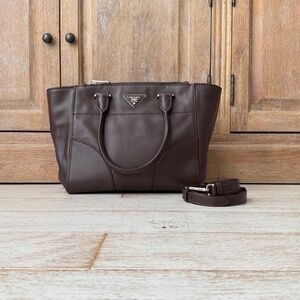 Prada City Calf Leather Twin Pocket Tote Brown